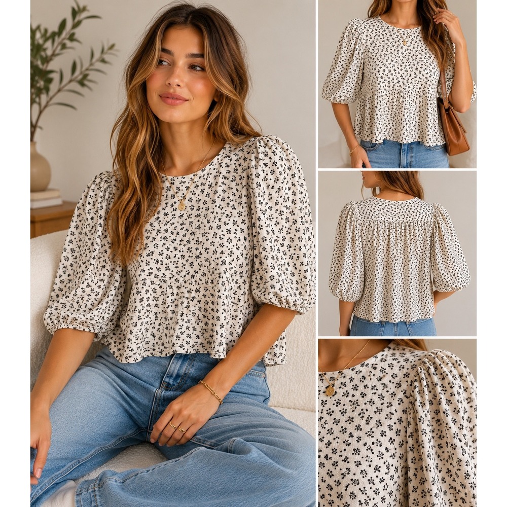 A.n.a Blouse Top Womens 1X Balloon Sleeve Printed Black Cream Micro Floral Ditzy